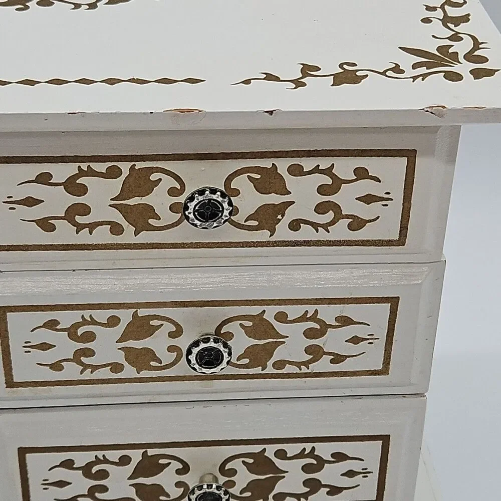 Wooden Jewelry Box White And Gold Filigree Velvet Lined